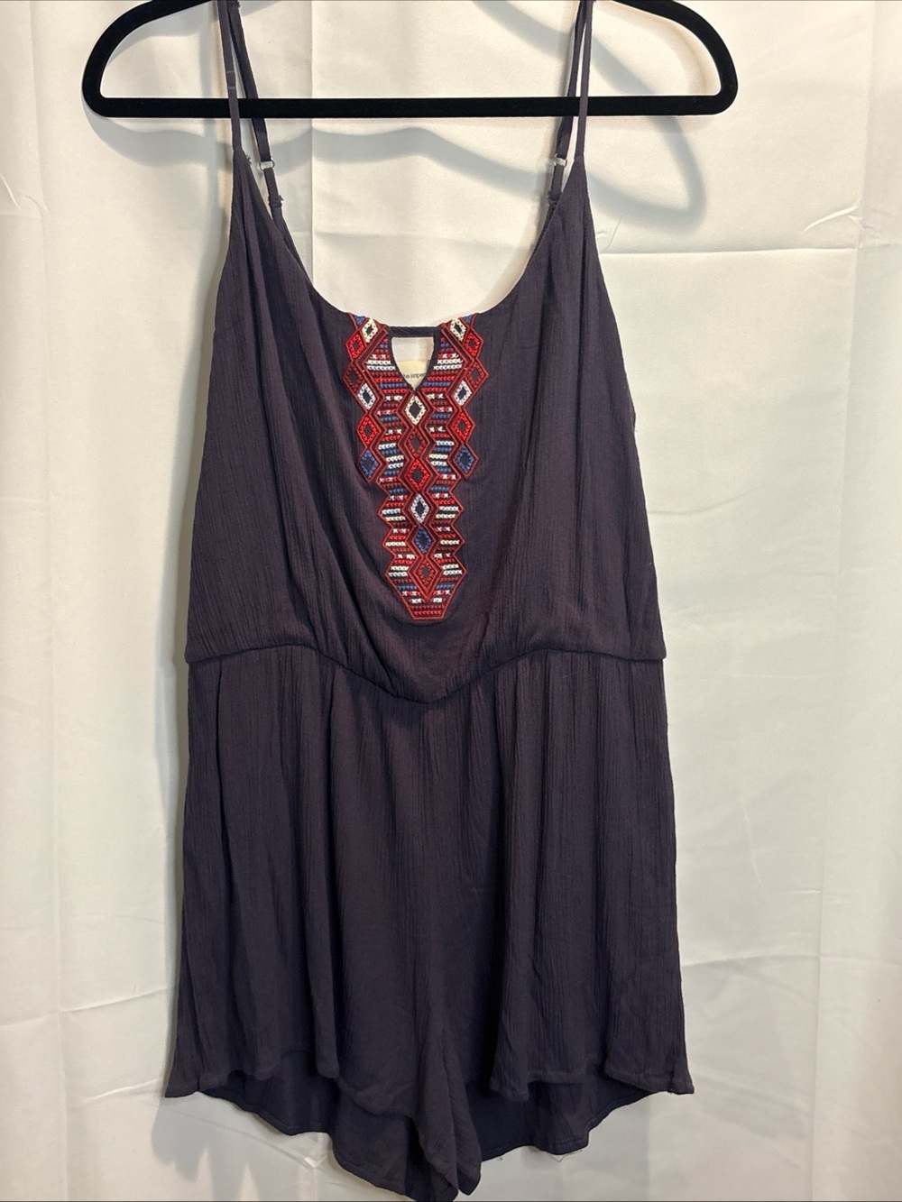 The Impeccable Pig navy Romper with Red Embroidered Accent